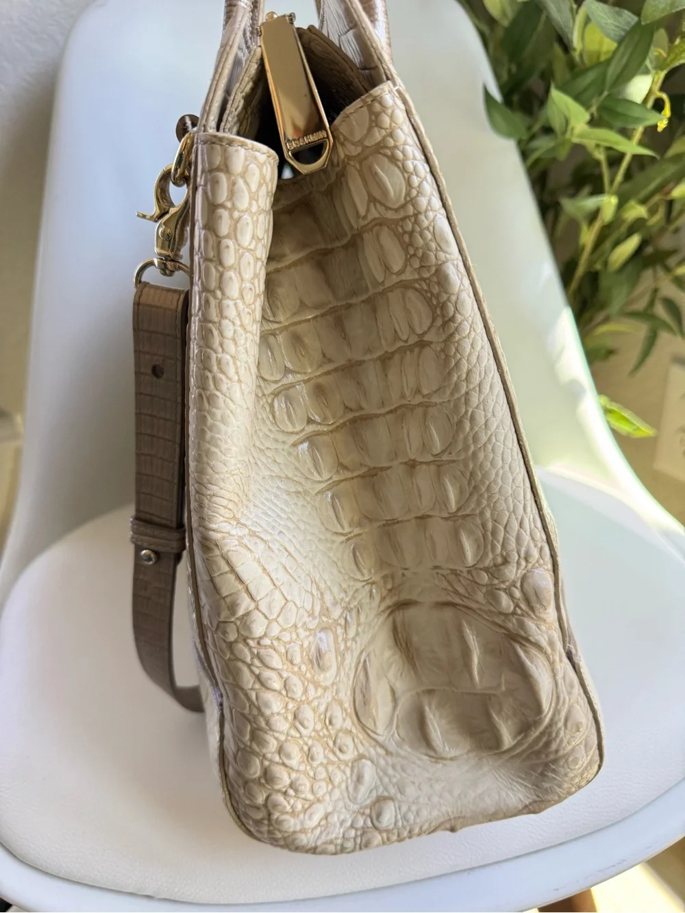 Brahmin Ivory Cream Croc Embossed Leather Large Tote Satchel Shoulder Bag